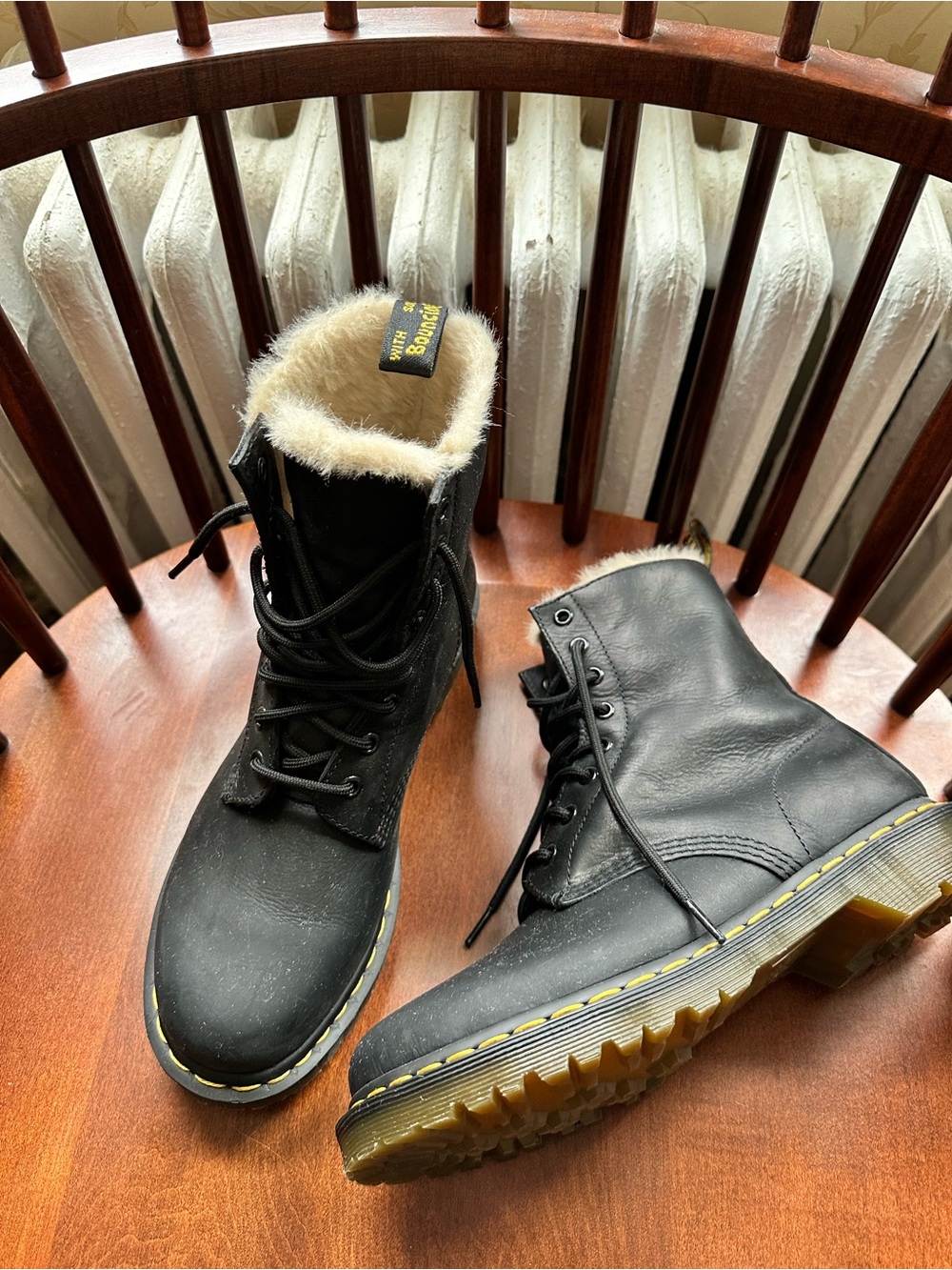 Dr. Martens Black Leather Lace-Up Boots with Cream Shearling